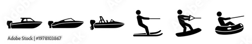Icons of various speedboats, bowriders, and exciting water sports like water skiing, wakeboarding, and tubing. Ideal for representing summer recreational activities.