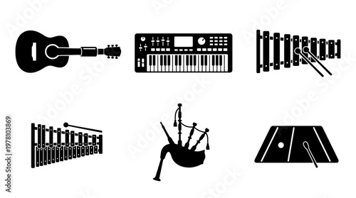 Variety of musical instrument silhouettes for educational content, event posters, and musicrelated branding. Features acoustic, keyboard, percussion, and wind instruments.