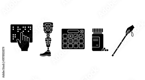 Icons depicting accessibility tools like braille, prosthetic leg, medicine, and cane. Useful for disability awareness, inclusive design, healthcare, and support services presentations.