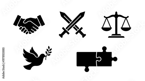 Collection of five black silhouette icons representing agreement, conflict, justice, peace, and collaboration, suitable for various professional contexts.