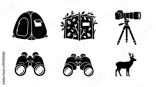 Outdoor adventure and wildlife observation icon set featuring a tent, hunting blind, camera, binoculars, and deer. Perfect for nature themed web and print designs.