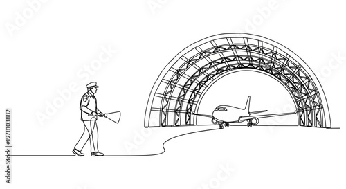 Single line drawing depicts airport ground crew directing a passenger jet into a hangar, ideal for aviation, travel, and logistics industry visual content.