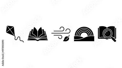 Black silhouette icons kite, open book, wind, rainbow, book with magnifying glass. Representing education, nature, exploration. Ideal for learning apps, web graphics, and teaching materials.