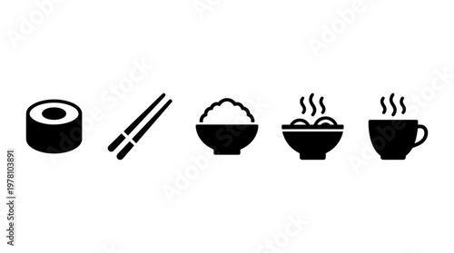 Collection of simple, solid black Asian food and drink icons, including sushi, chopsticks, rice, noodles, and a steaming cup, ideal for menus, websites, or apps.