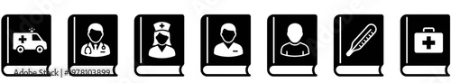 A collection of black and white medical book icons representing various aspects of healthcare, ideal for digital interfaces, learning platforms, and informational designs.