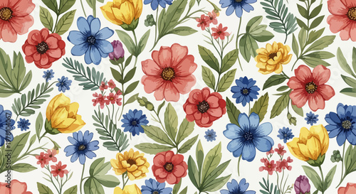 Soft watercolor floral pattern with scattered blossoms and natural textures