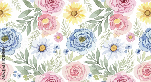 Seamless floral background featuring hand-drawn petals and organic greenery