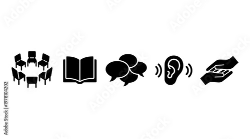 Collection of icons symbolizing communication, active listening, learning, group support, and therapy. Ideal for mental health resources, education, and community building.