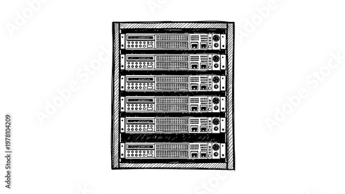 Sketch of a data center server rack with several computer units. Ideal for illustrating networking, information technology, and digital communication infrastructure projects.