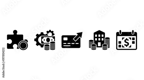 Collection of business and finance icons symbolizing strategy, income, investments, banking, and scheduling, useful for various financial topics.
