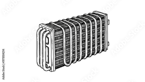 Detailed technical drawing of a heat exchanger coil with multiple tubes and fins, representing a crucial component in industrial, HVAC, or automotive cooling systems.
