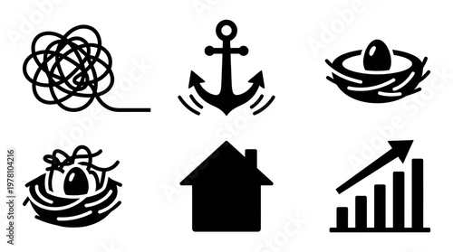 Set of icons depicting concepts like problem solving, stability, growth, investment, and home, ideal for financial and personal development themes.