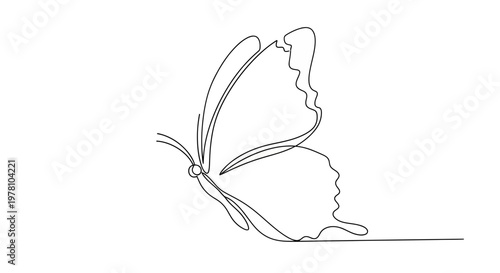 Graceful single continuous line butterfly illustration, embodying simplicity and freedom. Perfect for modern wall decor, fashion prints, or minimalist logo designs.