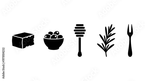 Set of cooking and kitchen ingredient icons including butter olives honey dipper rosemary and a serving fork perfect for menus food blogs or culinary themes.