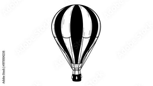 Monochrome hot air balloon line drawing symbolizing travel and freedom, ideal for transportation, aviation, or vintagethemed projects.