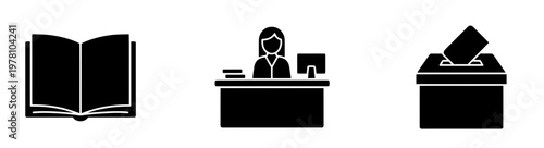 Set of glyph icons depicting an open book, a person at a desk with a computer, and a ballot box, ideal for conveying concepts of education, administration, and democracy.