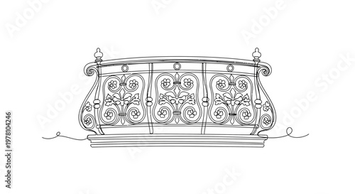 Continuous line drawing of a decorative wrought iron balcony railing featuring elegant floral and scroll motifs. Perfect for architectural, historical, or classic design projects.