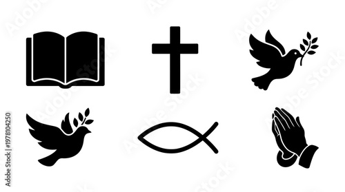 A collection of essential Christian religious symbols, including a cross, Bible, dove, fish, and praying hands, ideal for spiritual and faithbased projects.