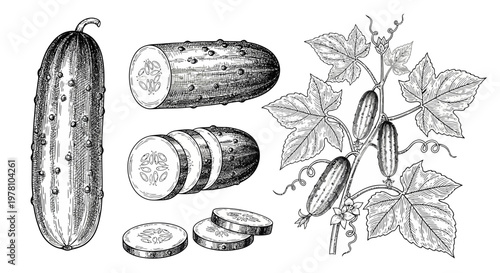 Handdrawn engraving of whole and sliced cucumbers with a growing plant. Ideal for depicting fresh vegetables, healthy food, and natural garden produce in a vintage style.