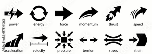 A comprehensive set of physics and engineering concept icons, including power, energy, force, and momentum, ideal for scientific diagrams, educational content, and technical presentations.