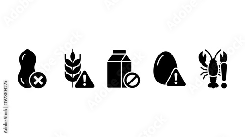 Set of food allergy and intolerance warning symbols including peanut, gluten, dairy, egg, and shellfish, ideal for health information and dietary restriction labeling.