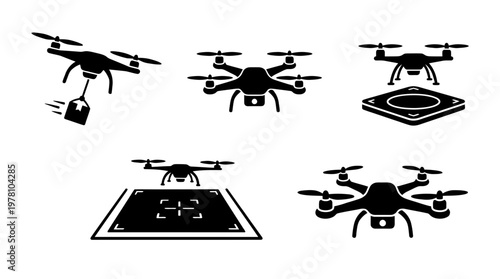 Set of drone icons depicting aerial delivery, takeoff, landing, and flight, perfect for technology, logistics, and innovationrelated content