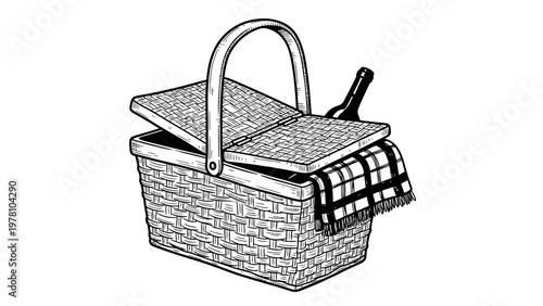 Woven picnic hamper with open lid, revealing a bottle and draped checkered blanket, ideal for summer outings, outdoor dining, and food service promotions.
