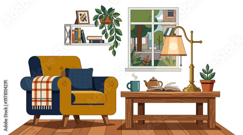 Yellow and blue armchair with blanket.