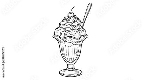 Detailed line drawing of a classic ice cream sundae, featuring scoops, whipped cream, a cherry, and a spoon in a glass, ideal for vintageinspired food graphics.