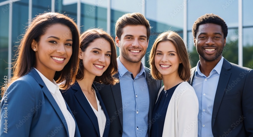 Obraz premium Diverse group of young professionals smiling confidently outdoors in business attire in front of modern office building for teamwork collaboration and success