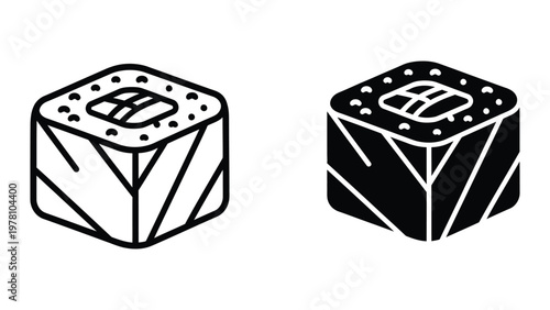 Two contrasting visual styles of a cube with a central circular emblem