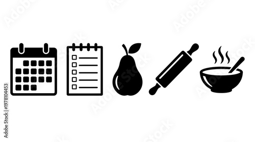 Black and white icons for cooking, daily planning, and food preparation. Perfect for culinary apps, recipe blogs, or kitchenrelated project concepts.