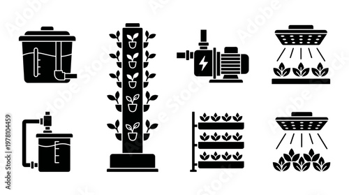 Glyphs depicting hydroponic reservoirs, vertical farm towers, water pumps, and grow lights, perfect for illustrating smart agriculture concepts and sustainable gardening.
