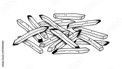 Hand drawn black and white sketch of many delicious french fries. Perfect for food menus, restaurant signage, and fast food marketing.