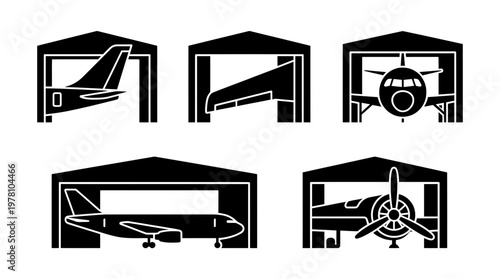 Silhouette icons featuring various airplanes and aircraft components inside hangars, ideal for aviation industry graphics, aerospace logistics, and transportation presentations.