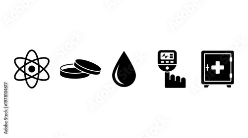 Set of scientific and medical icons including atom, petri dishes, blood drop, glucose meter, and first aid kit, ideal for healthcare, research, and educational projects.