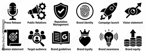 Comprehensive collection of business and branding strategy icons including public relations, brand identity, mission, and target audience, ideal for marketing presentations.