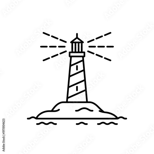line drawing of a lighthouse on an island emitting light