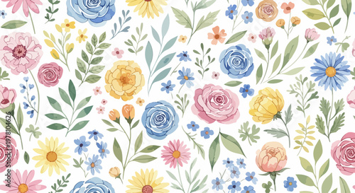 Natural floral background pattern with organic arrangement of blossoms and leaves