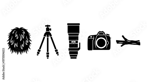 Essential photography tools for nature and wildlife. Features camera, telephoto lens, tripod, wind muff, and branch, perfect for outdoor and professional projects.
