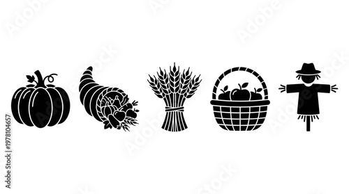 Classic autumn harvest symbols like pumpkin, cornucopia, wheat, apple basket, and scarecrow. Ideal for Thanksgiving celebrations, fall season decorations, and farm themed designs.