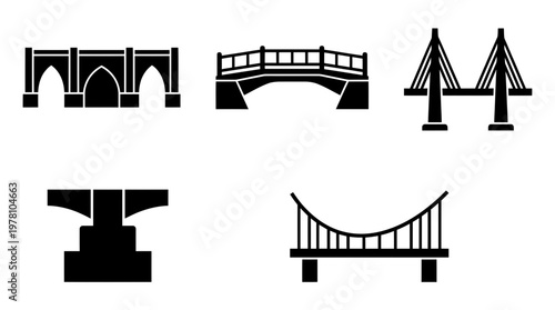 A set of diverse bridge icons, including arch, cablestayed, suspension, and deck designs, perfect for illustrating construction, travel, and infrastructure concepts.