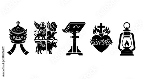 Diverse Christian iconography set includes sacred heart, evangelist figures, papal tiara, church lectern, and a guiding lantern, suitable for religious education.