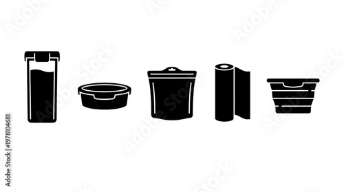 Collection of various food storage and packaging items including containers, pouches, and rolls, useful for grocery, kitchen organization, or product presentation.