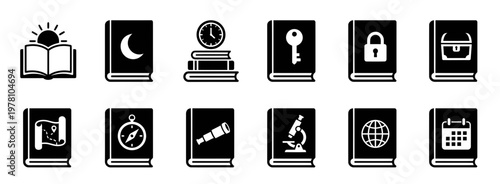 Versatile collection of book icons representing diverse academic subjects, exploration, and learning concepts, perfect for educational content and digital design.
