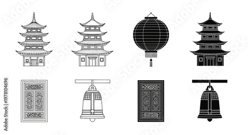 Set of traditional East Asian cultural icons, including pagodas, a lantern, an ornate door, and a temple bell, presented in both outline and solid fill styles for graphic use.