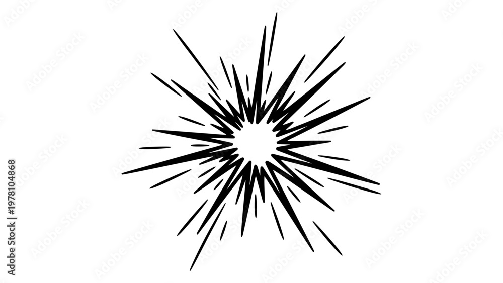 Fototapeta premium Dynamic black graphic burst representing explosion or impact with radiating lines, perfect for conveying energy, shock, or excitement in various media projects.