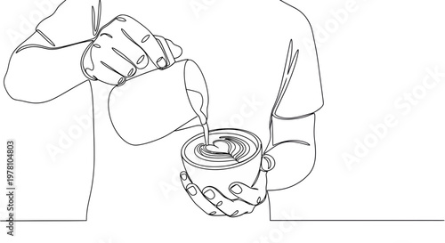Single line drawing of a persons hands crafting heartshaped latte art in a coffee cup, perfect for coffee shop branding, beverage menus, or barista skill promotions.