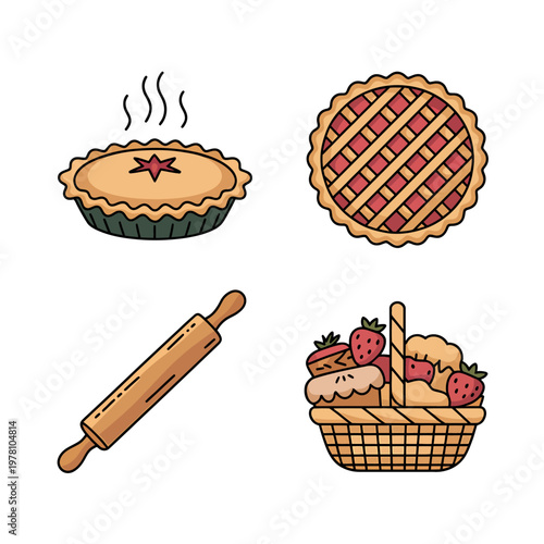Baking icons with pies rolling pin and basket