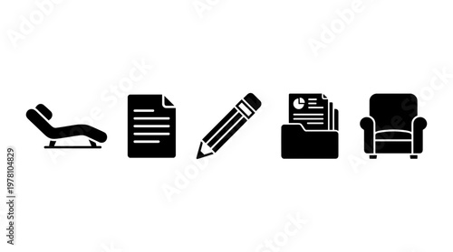 Versatile set of black glyph icons including a chaise lounge, document, pencil, file folder, and armchair. Ideal for various modern design projects and presentations.